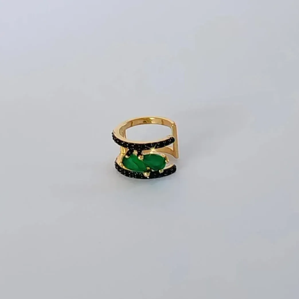 BRINCO PIERCING FAKE DOURADO DUPLO CRAVEJADO MICROZIRCÔNIAS NEGRAS COM PEDRAS ESMERALDA