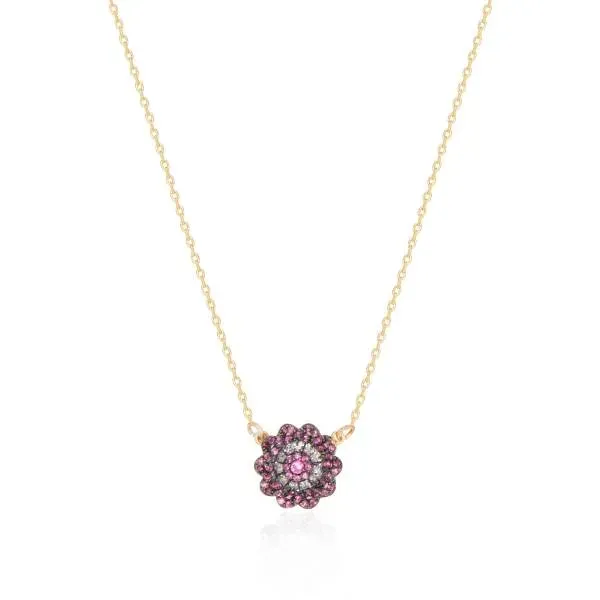 COLAR COM PINGENTE DOURADO FLOR CRAVEJADO COM MICROZIRCÔNIAS - RUBI