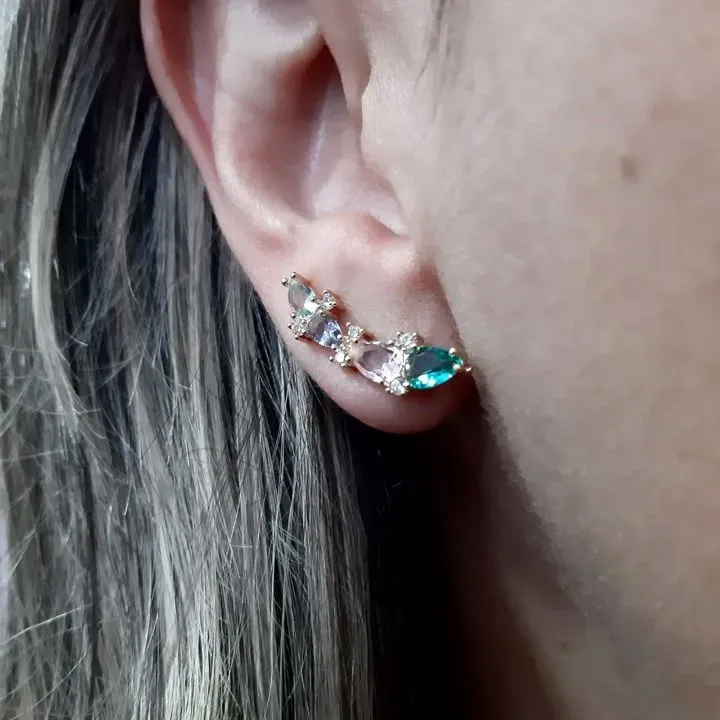 EAR CUFF ZIRCÔNIAS NAVETE MULTICOLORIDAS DETALHE MICROZIRCÔNIAS CRISTAL