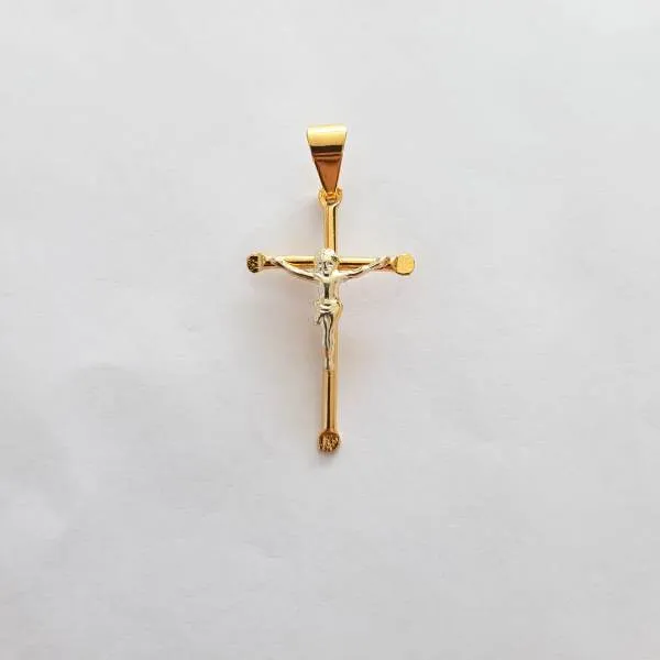 PINGENTE JESUS CRUXIFICADO BANHO TONS AMARELO E BRANCO