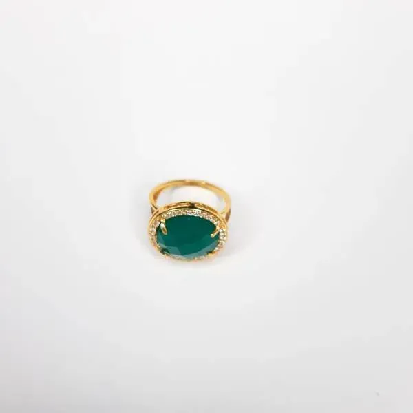 ANEL DOURADO PEDRA PRASIOLITA CRAVEJADO MICROZIRCÔNIAS CRISTAL