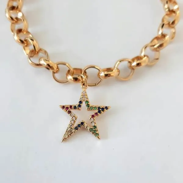PULSEIRA DOURADA PINGENTE ESTRELA MULTICOLORIDO