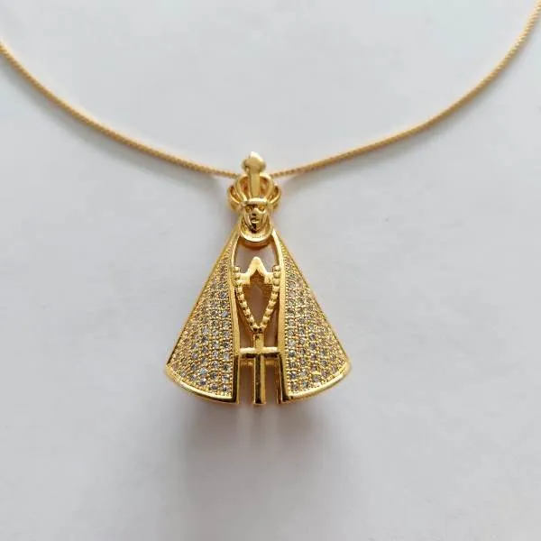 COLAR DOURADO DOIS EM UM NOSSA SENHORA APARECIDA CRAVEJADA EM MICROZIRCÔNIAS SAFIRA E CRISTAL