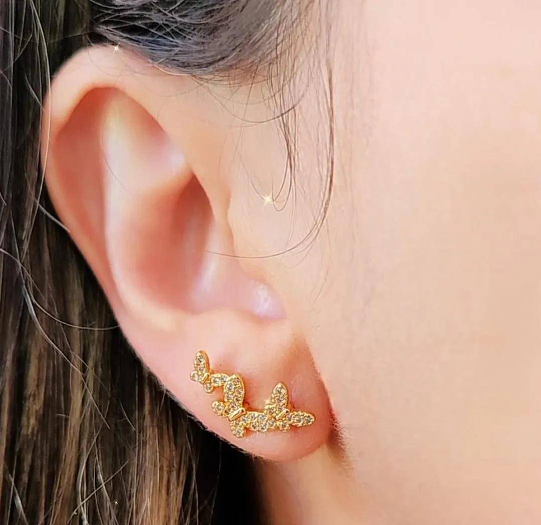 BRINCO DOURADO EAR CUFF BORBOLETAS CRAVEJADAS MICROZIRCÔNIAS CRISTAL