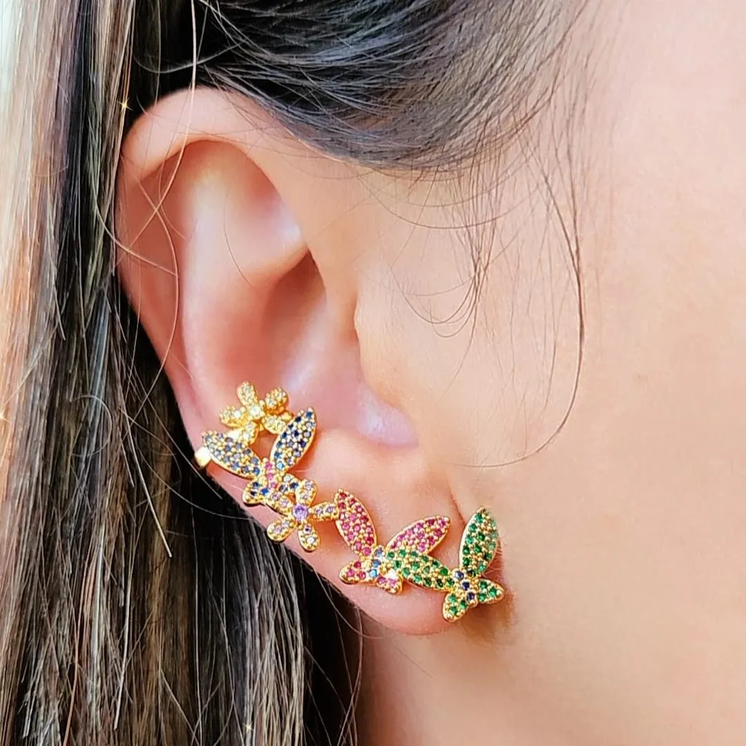 BRINCO EAR CUFF BORBOLETAS E FLORES MICROZIRCÔNIAS COLORIDAS