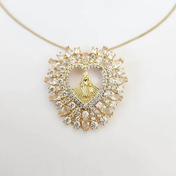 COLAR DOURADO SAGRADO CORAÇÃO DE JESUS CRAVEJADO EM MICROZIRCÔNIAS CRISTAIS