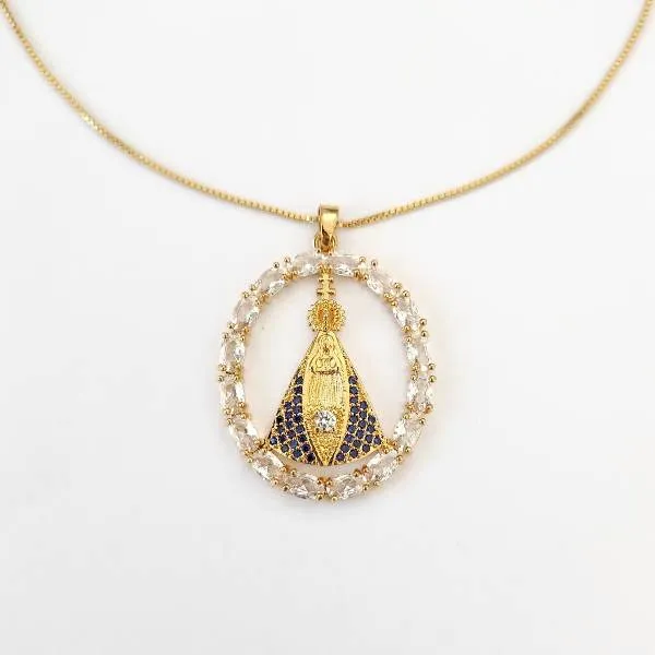 COLAR NOSSA SENHORA APARECIDA ZIRCÔNIAS CRISTAL CRAVEJADO