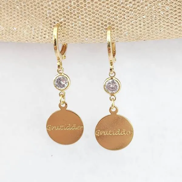 ARGOLINHA DOURADA PINGENTE ZIRCÔNIA CRISTAL E GRATIDÃO