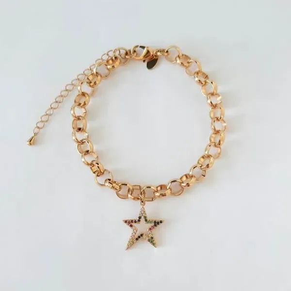 PULSEIRA DOURADA PINGENTE ESTRELA MULTICOLORIDO