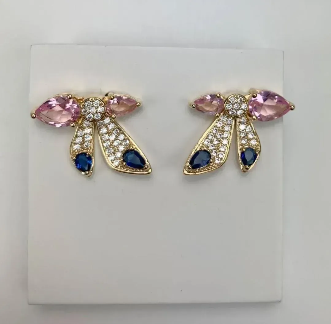 BRINCO DOURADO LAÇO CRAVEJADO MICROZIRCÔNIAS CRISTAL E ZIRCÔNIAS QUARTZO ROSA E SAFIRA