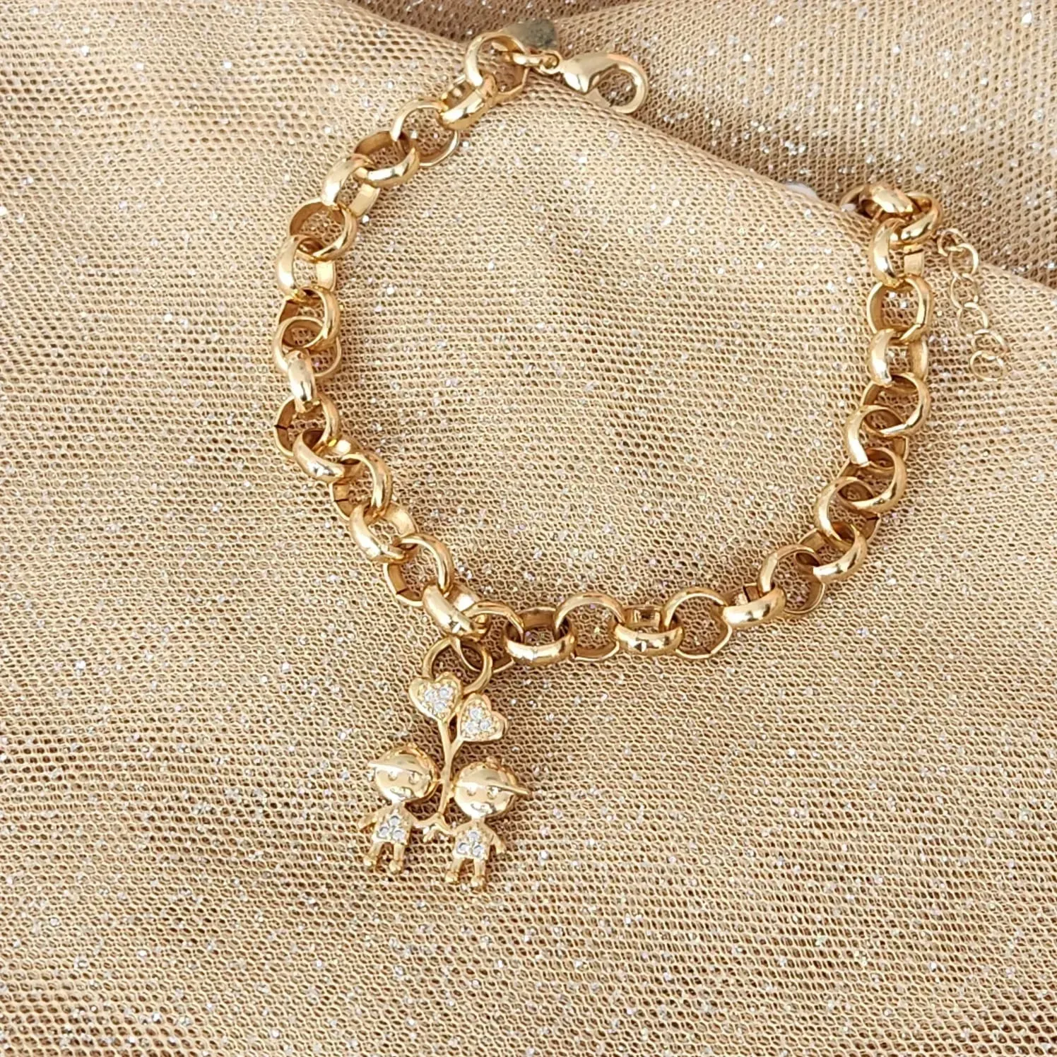 PULSEIRA DOURADA PINGENTE MENINOS BALÃO ZIRCÔNIAS CRISTAL