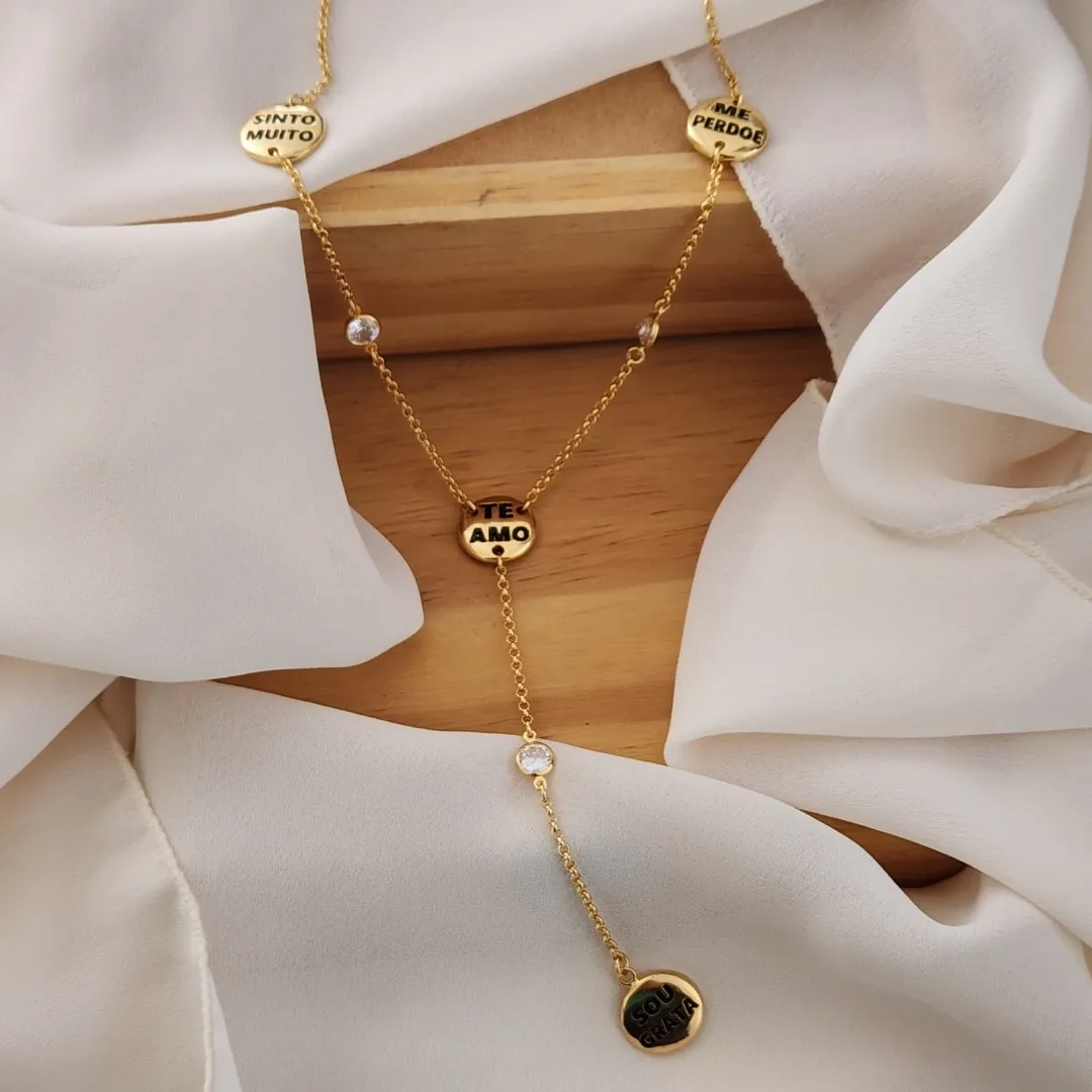 COLAR DOURADO ELO PORTUGUÊS PALAVRAS HO'HOPONOPONO RESINADO