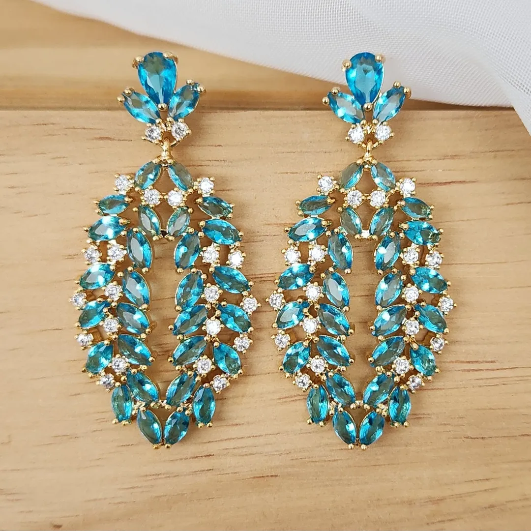BRINCO GOTA  NAVETE ÁGUA MARINHA E MICROZIRCÔNIAS CRISTAL