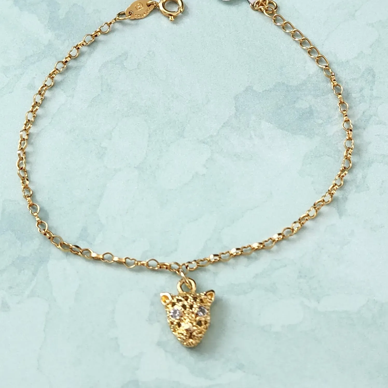 PULSEIRA DOURADA CORRENTE ELOS CORAÇÕES PINGENTE TIGRE