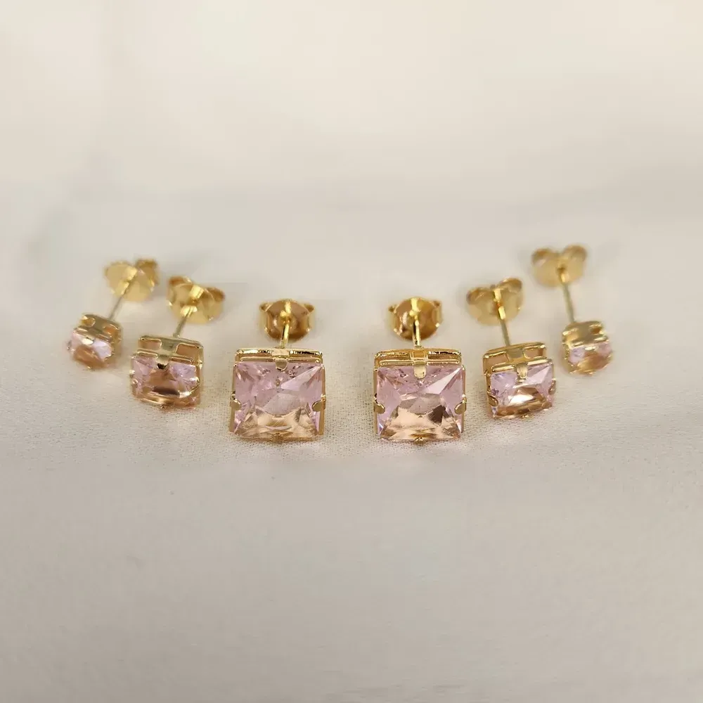TRIO QUADRADO ZIRCÔNIAS ROSA
