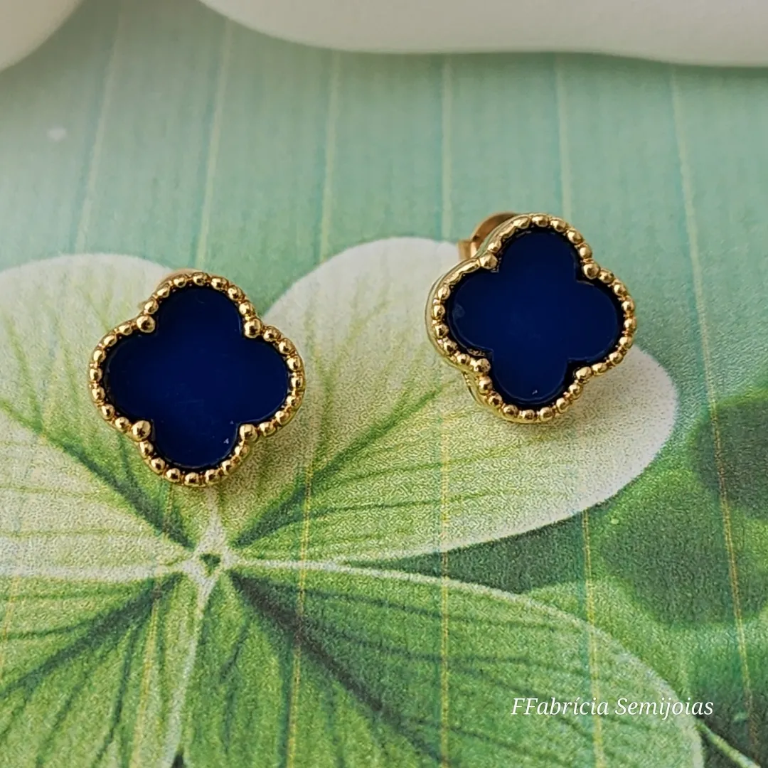 BRINCOS TREVO DE QUATRO FOLHAS AZUL BANHO OURO