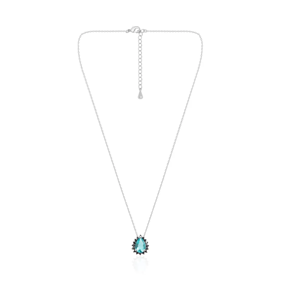 COLAR DOURADO PINGENTE GOTA ÁGUA MARINHA MICROZIRCÔNIAS PRETAS PRATA