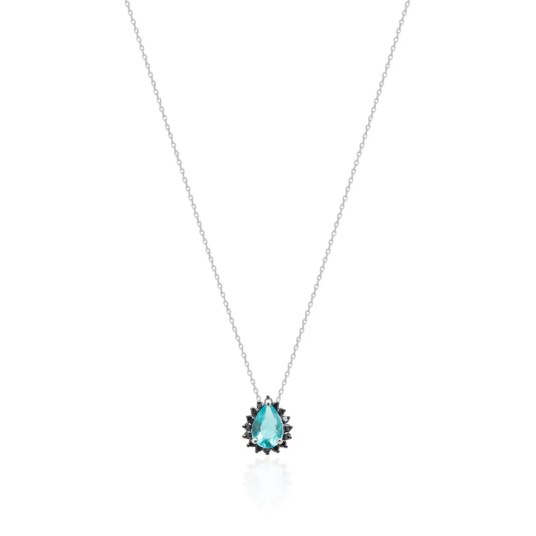 COLAR DOURADO PINGENTE GOTA ÁGUA MARINHA MICROZIRCÔNIAS PRETAS PRATA