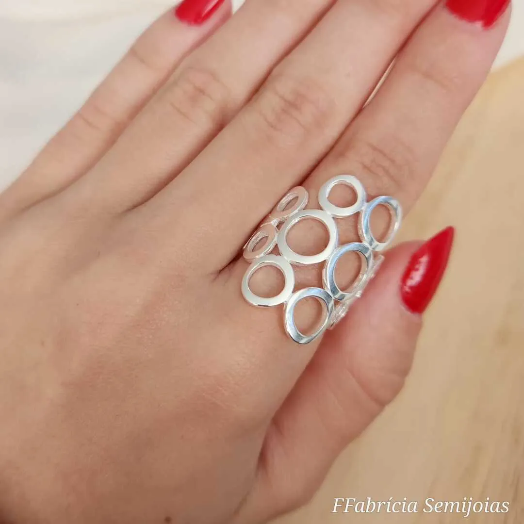 ANEL PRATA 925 COM FORMAS GEOMETRICAS DE CIRCULO