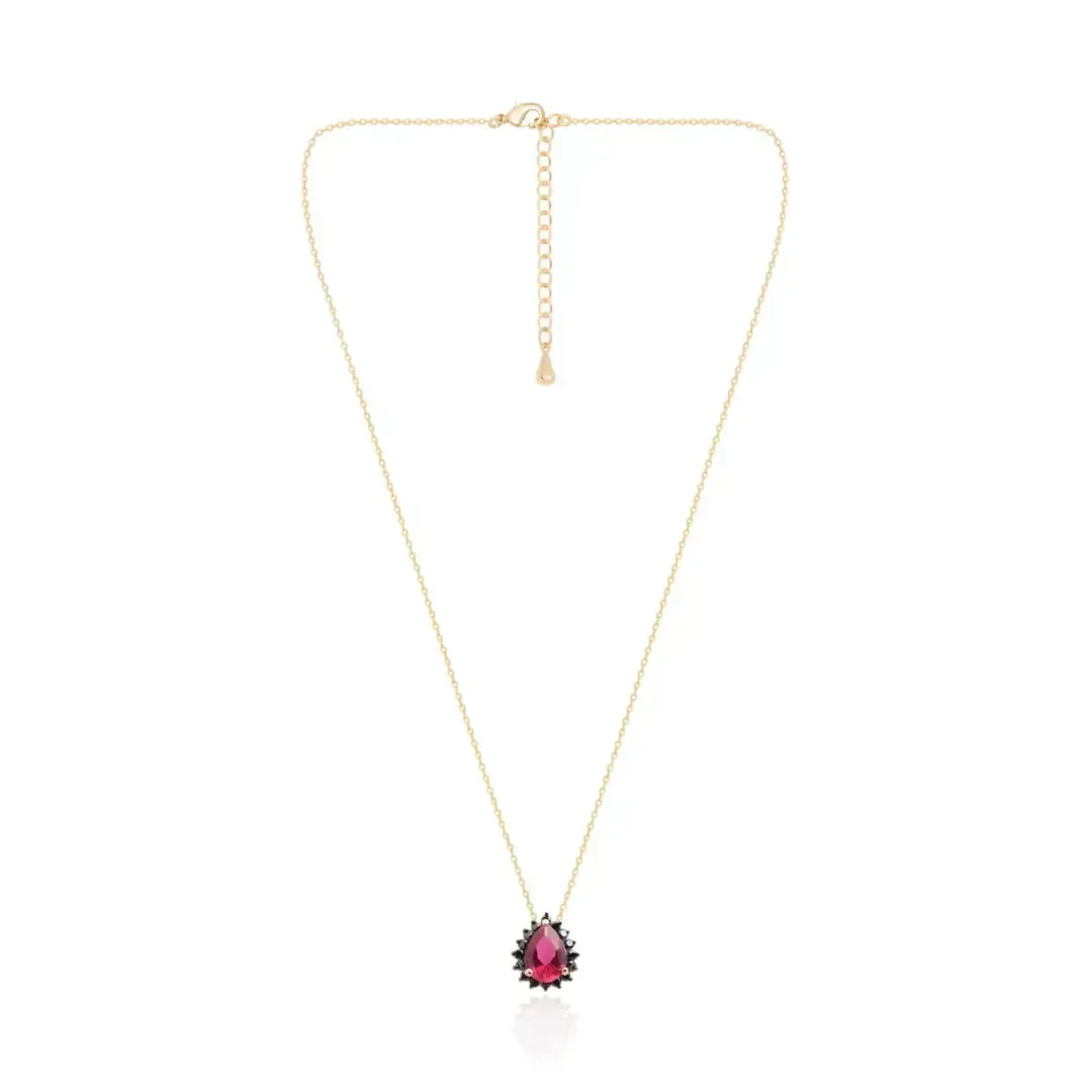 COLAR DOURADO PINGENTE GOTA RUBI MICROZIRCÔNIAS PRETAS