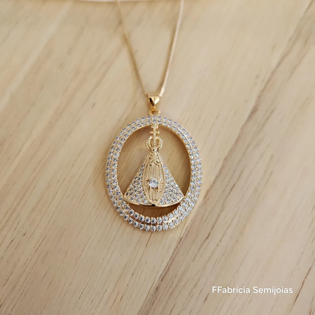 COLAR VENEZIANA MEDALHA NOSSA SENHORA APARECIDA CRAVEJADO EM MICROZIRCÔNIAS CRISTAL 45 +5 CM