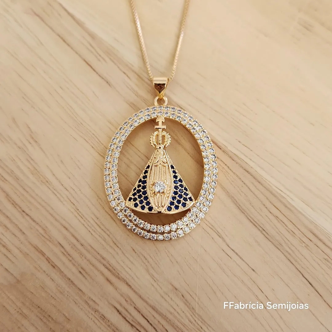 COLAR VENEZIANA MEDALHA NOSSA SENHORA APARECIDA CRAVEJADO EM MICROZIRCÔNIAS AZUIS 45 +5 CM