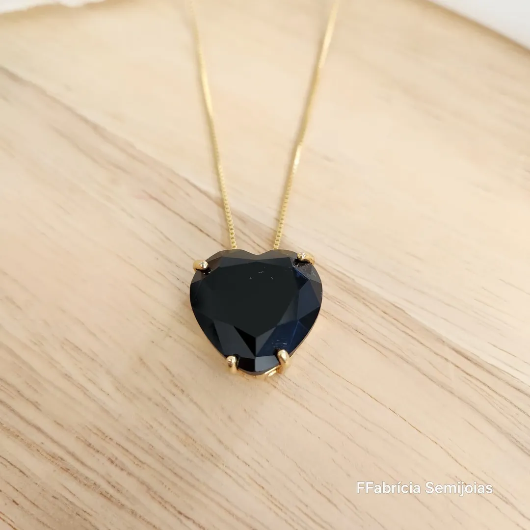 COLAR VENEZIANA CORAÇÃO PEDRA PRETA 45 +5 CM