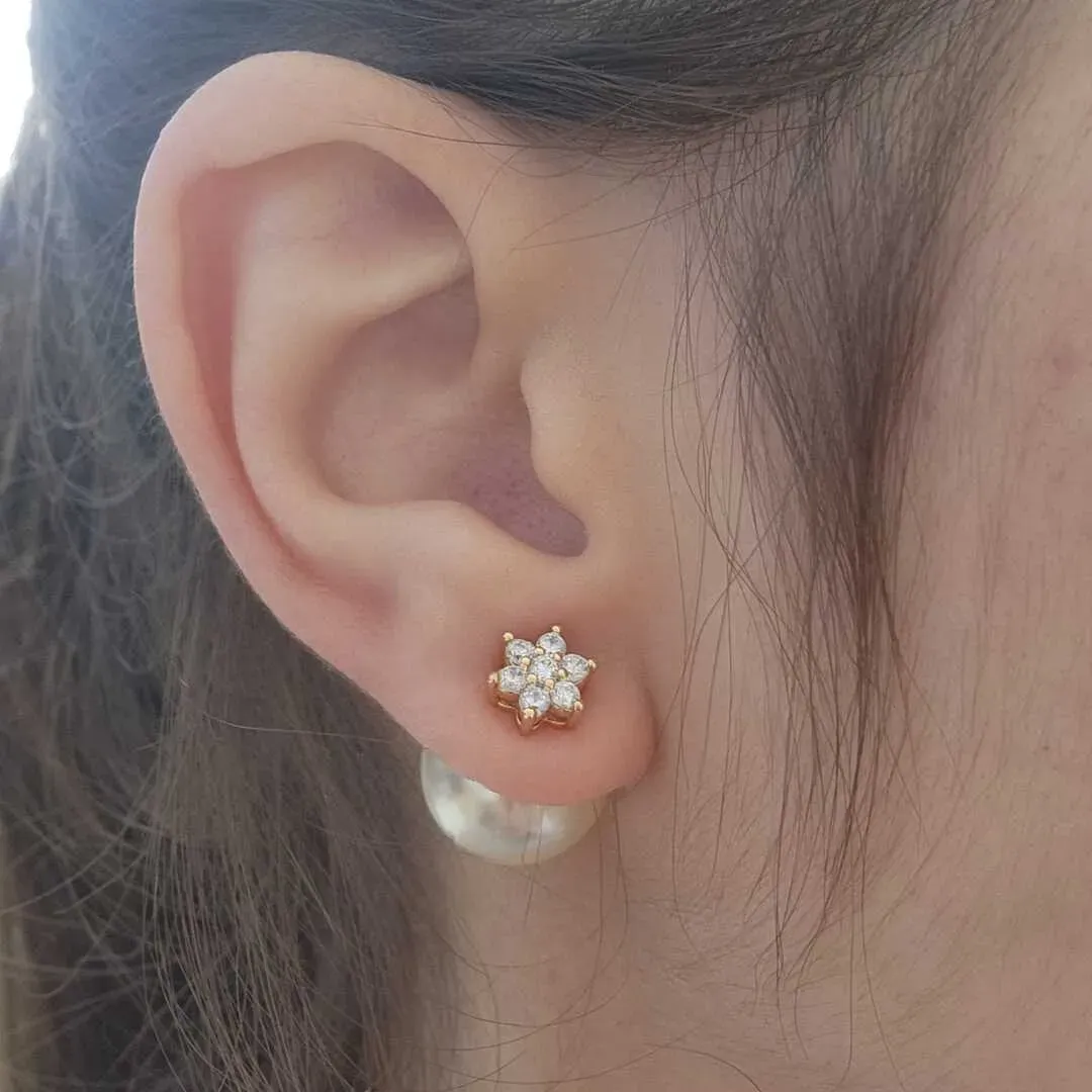 BRINCO FLOR FRONTAL E PÉROLA PINO ATRÁS DA ORELHA - INSPIRAÇÃO DIOR