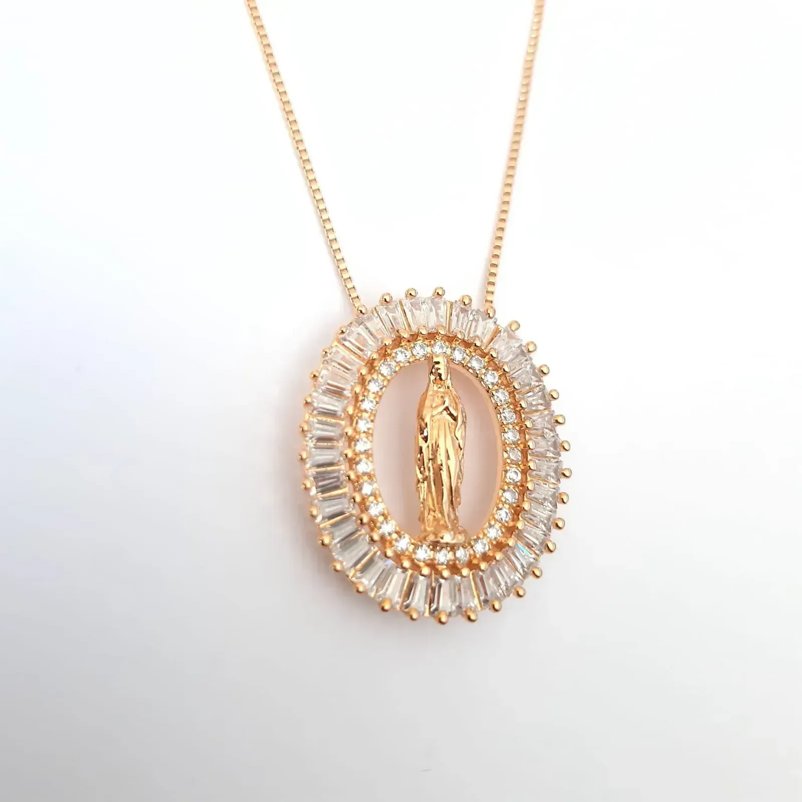 COLAR VENEZIANA MEDALHA NOSSA SENHORA DO SILÊNCIO CRAVEJADA EM MICROZIRCÔNIAS E NAVETES 40 +5 CM