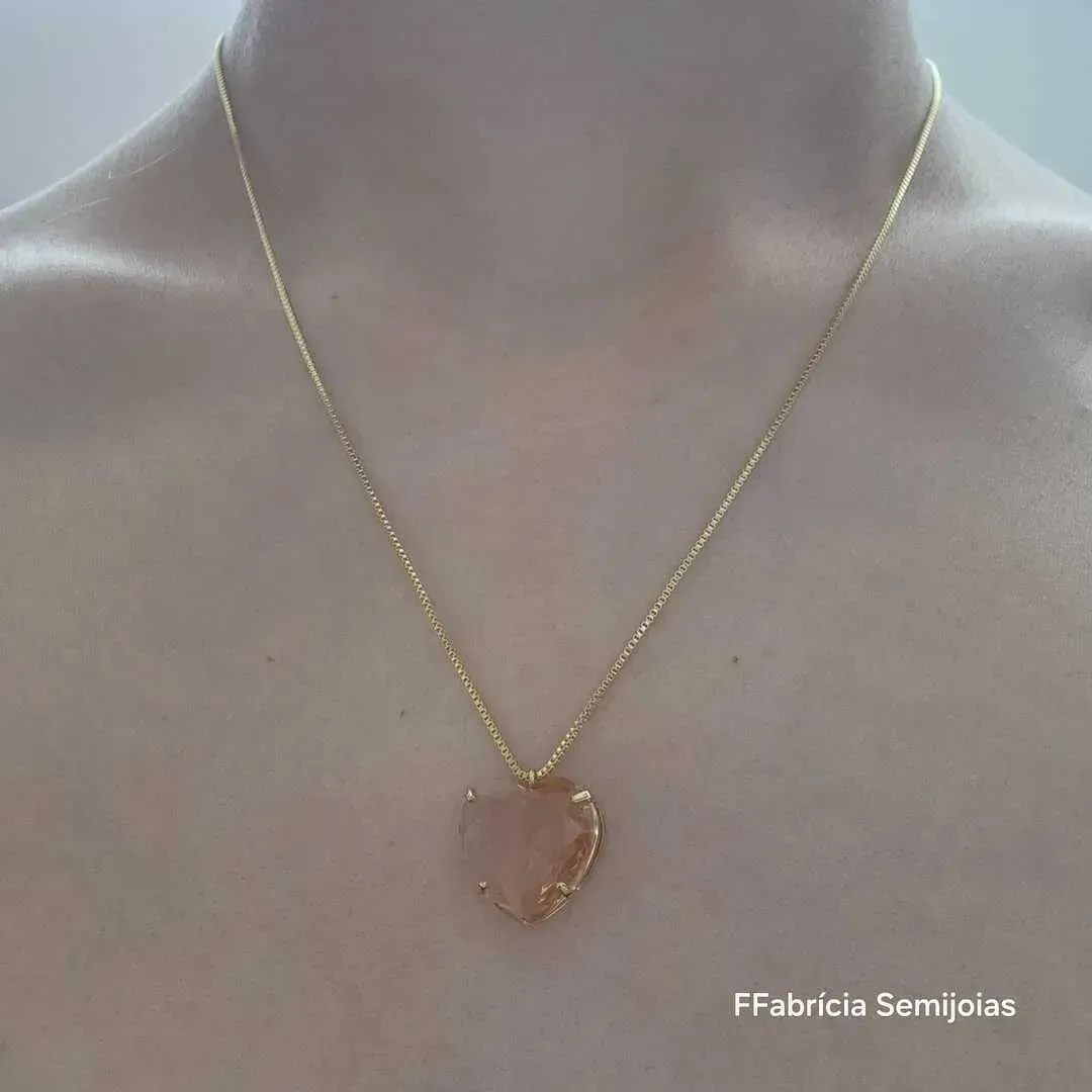 COLAR CORAÇÃO DOURADO PEDRA CITRINO