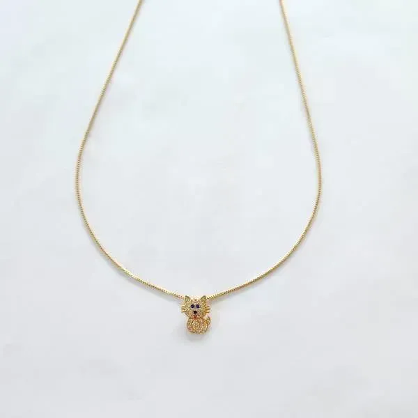 COLAR DOURADO PINGENTE GATO CRAVEJADO MICROZIRCÔNIAS CRISTAL