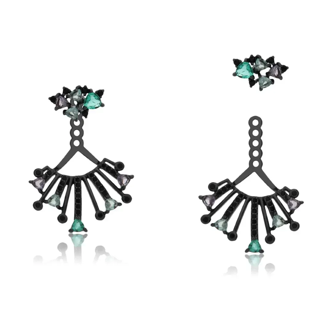 EAR JACKET LEQUE RÓDIO NEGRO COM ZIRCÔNIAS COLORIDAS
