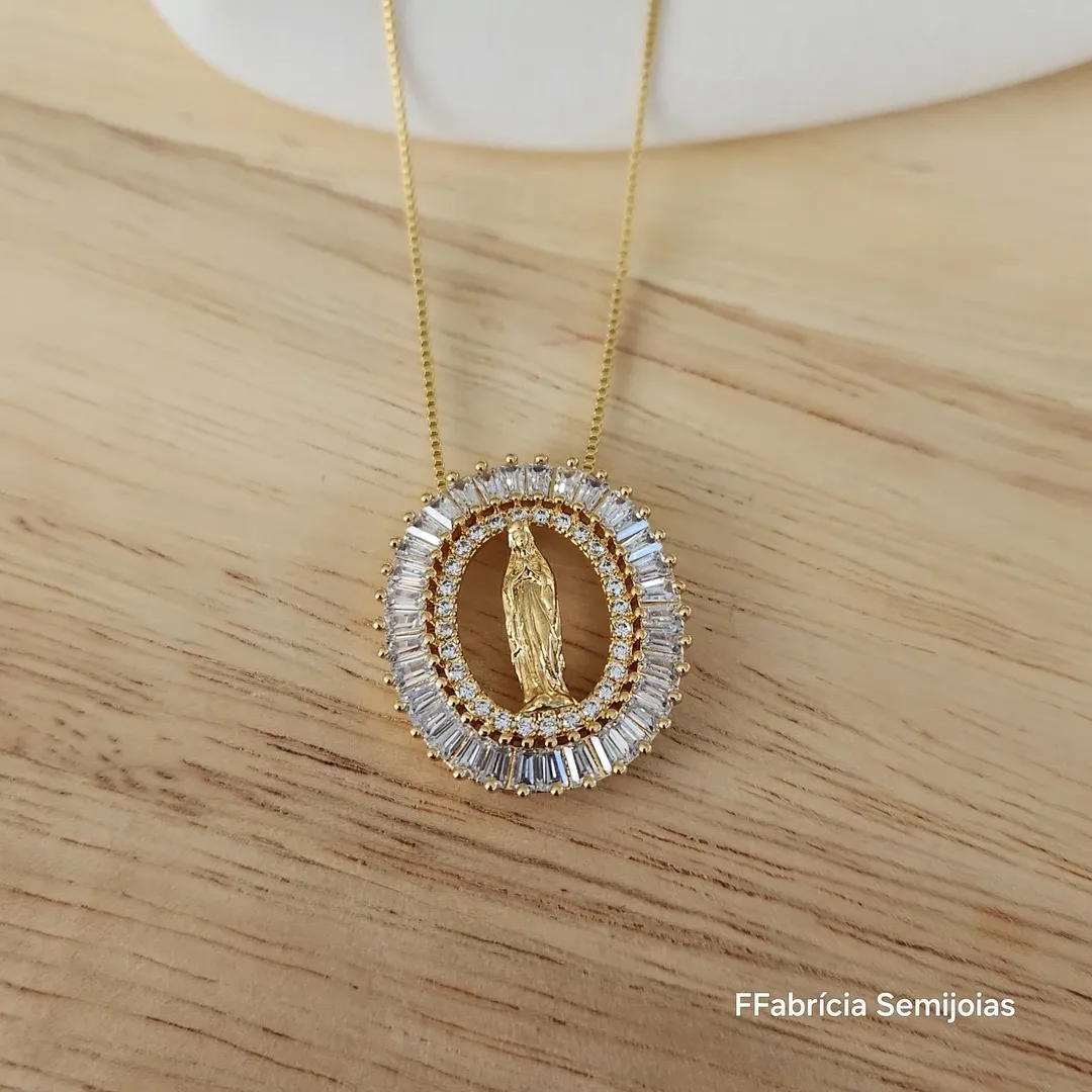 COLAR VENEZIANA MEDALHA NOSSA SENHORA DO SILÊNCIO CRAVEJADA EM MICROZIRCÔNIAS E NAVETES 45 +5 CM