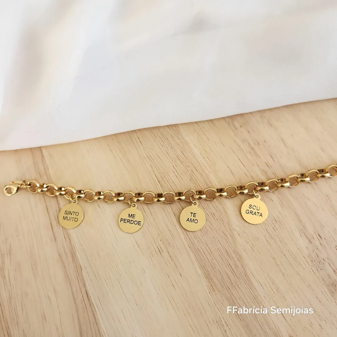PULSEIRA DOURADA CORRENTE ELO PORTUGUÊS SINTO MUITO, ME PERDOE, TE AMO, SOU GRATA - HO'HOPONOPONO
