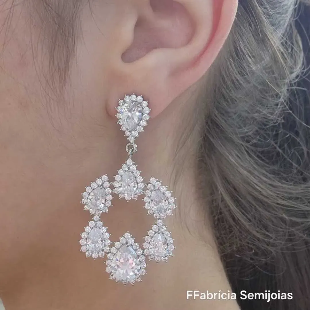 BRINCO RÓDIO BRANCO FESTA GOTAS ZIRCÔNIA CRISTAL