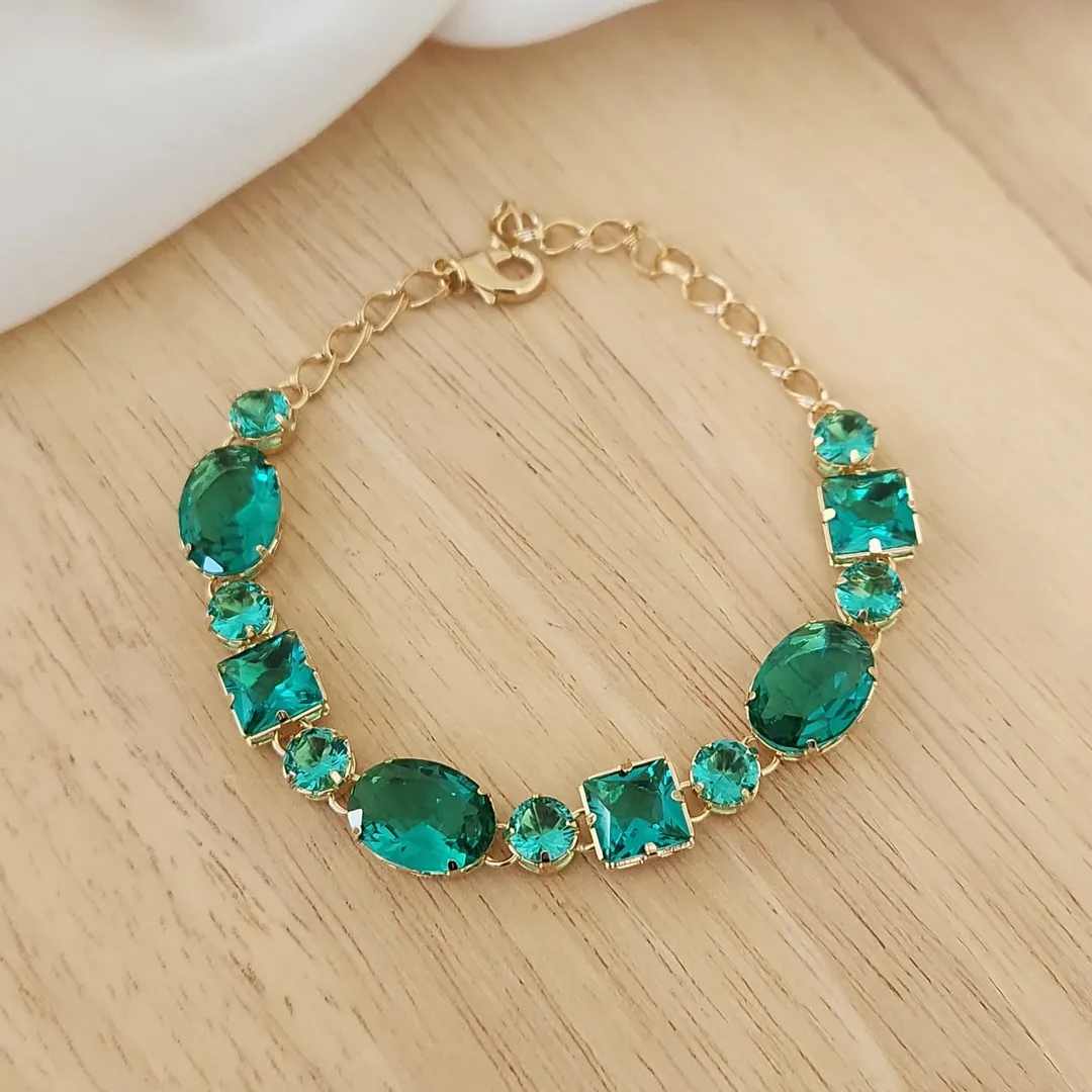 PULSEIRA LUXO PEDRAS FORMAS VERDE ESMERALDA