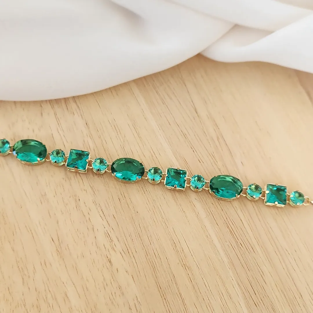 PULSEIRA LUXO PEDRAS FORMAS VERDE ESMERALDA