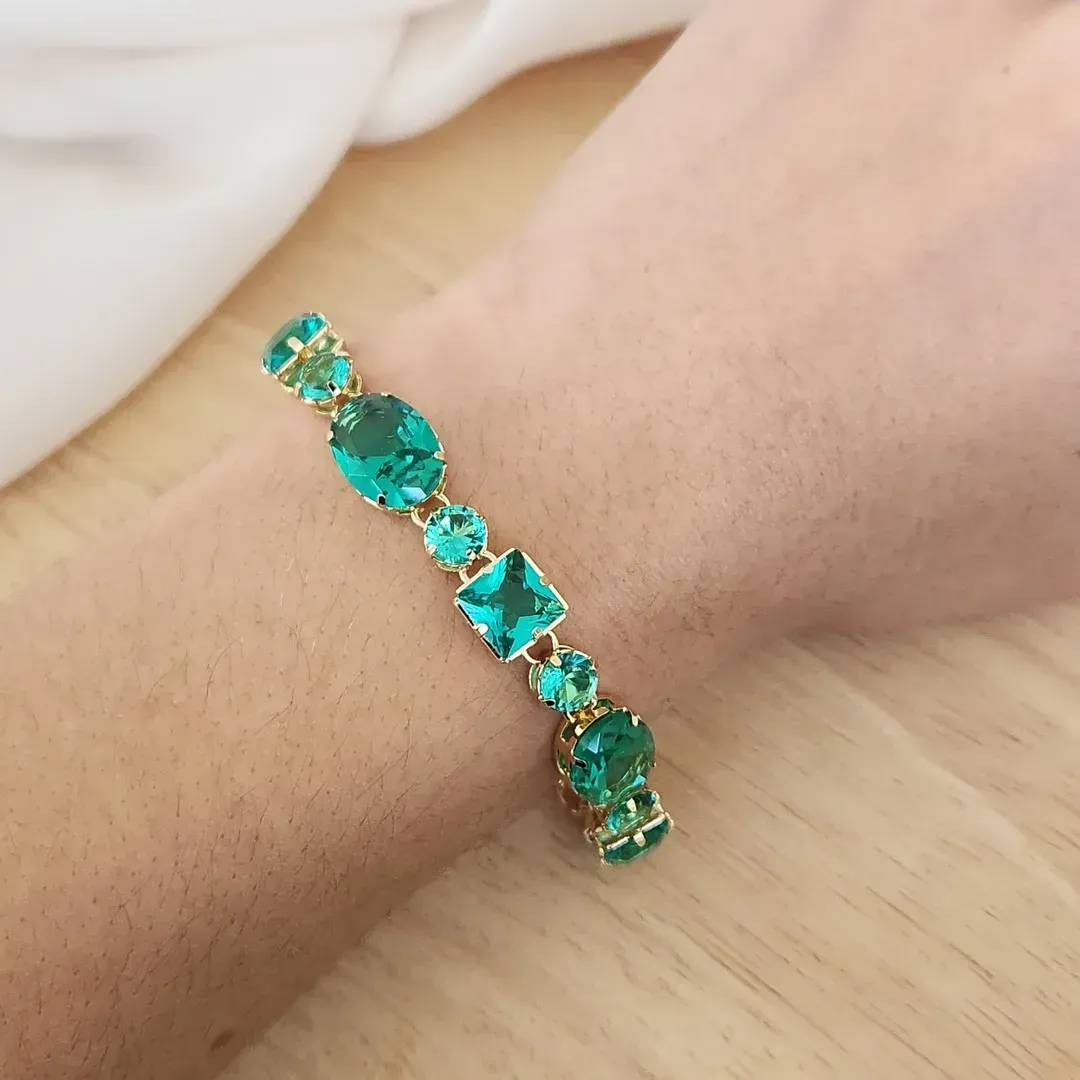 PULSEIRA LUXO PEDRAS FORMAS VERDE ESMERALDA
