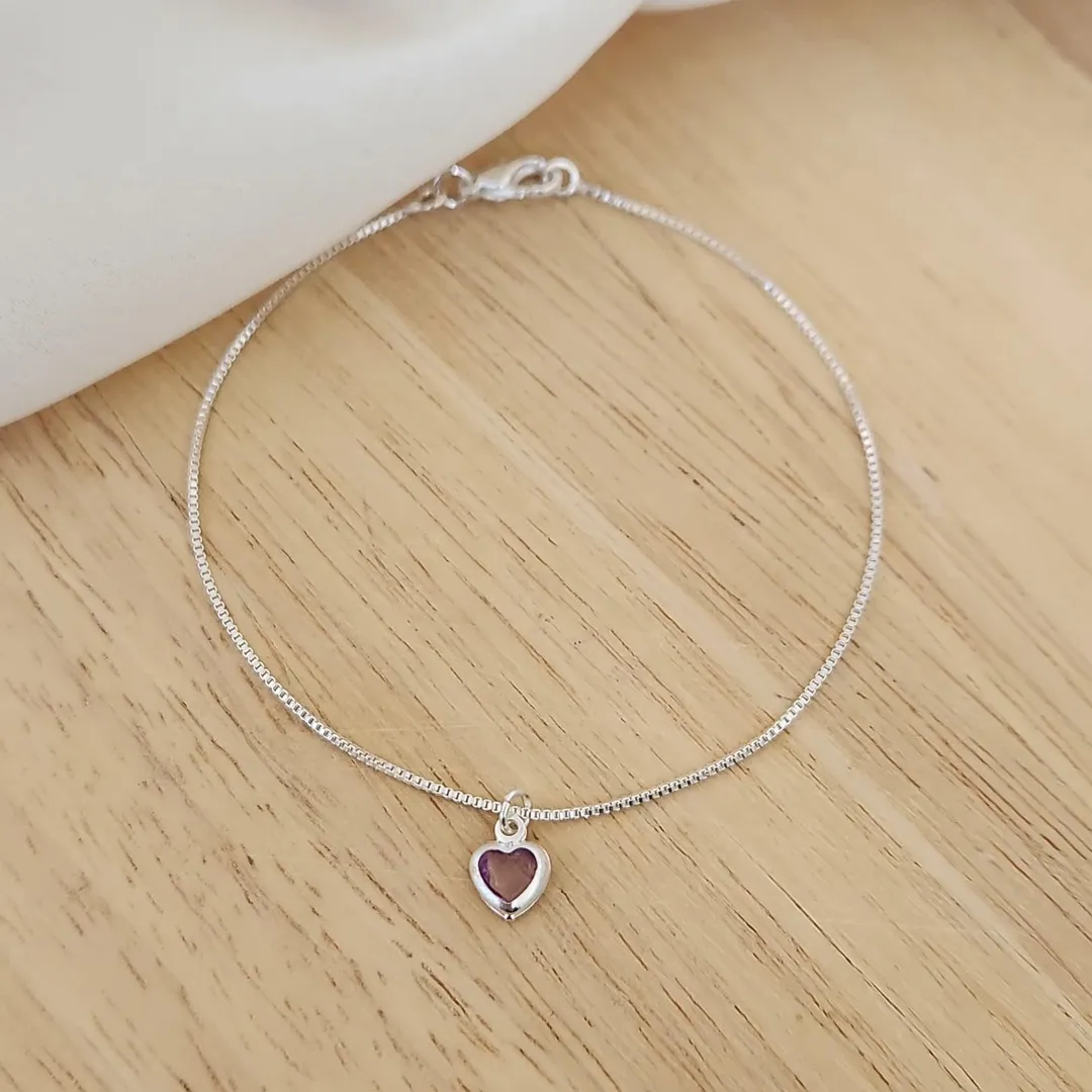 PULSEIRA VENEZIANA PINGENTE CORAÇÃO LILÁS BANHO DE PRATA