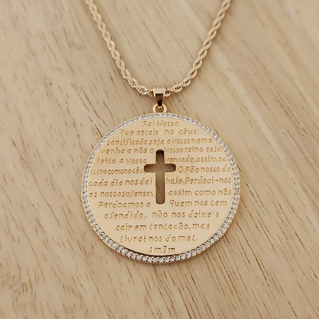 COLAR CHOKER CORRENTE BAIANA 30+10CM COM PINGENTE PAI NOSSO CRAVEJADO EM MICROZIRCÔNIAS CRISTAL