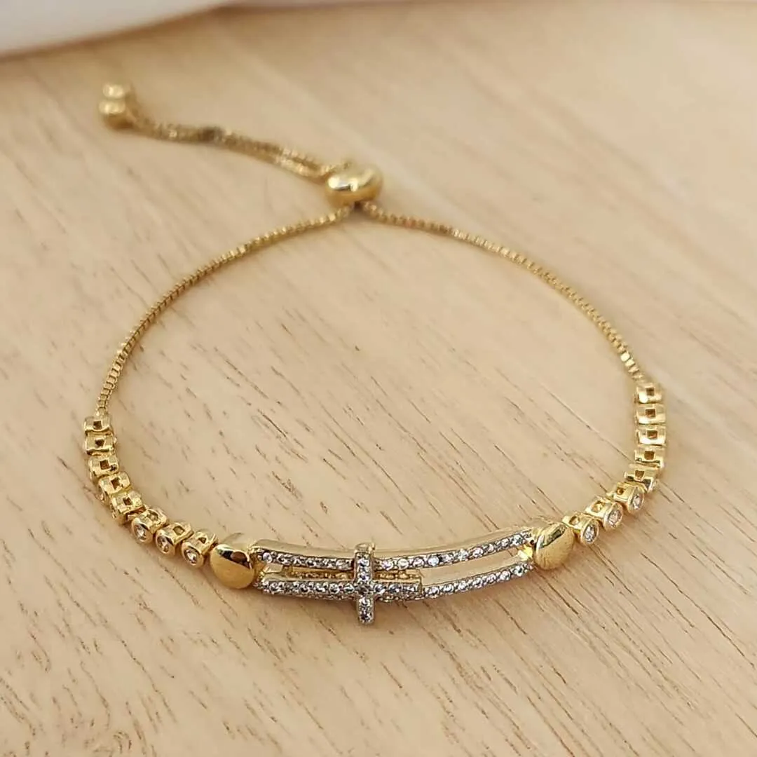 PULSEIRA DOURADA SHAMBALA CRUZ CRAVEJADA MICROZIRCÔNIAS CRISTAL