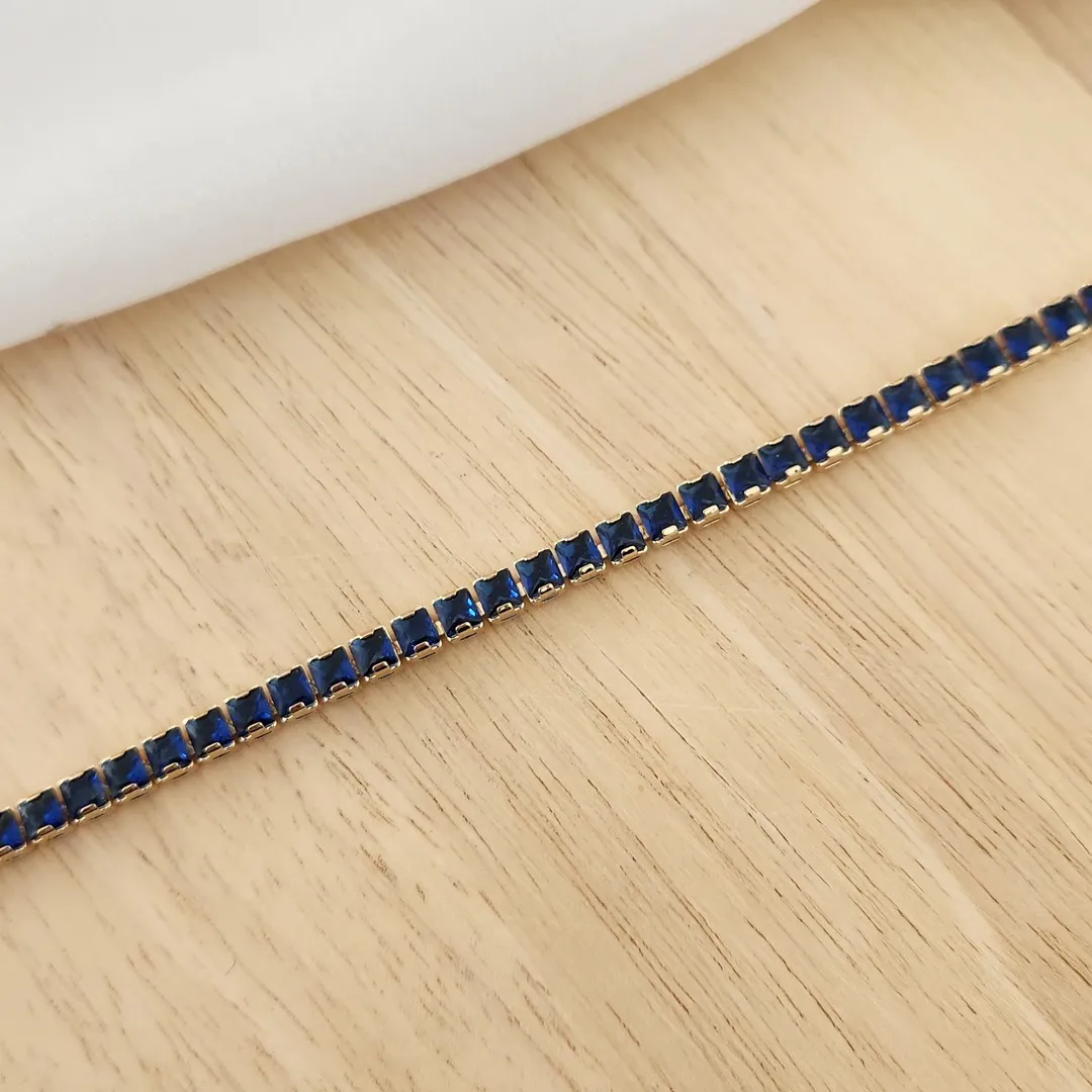 PULSEIRA DOURADA NAVETES QUADRADAS AZUL