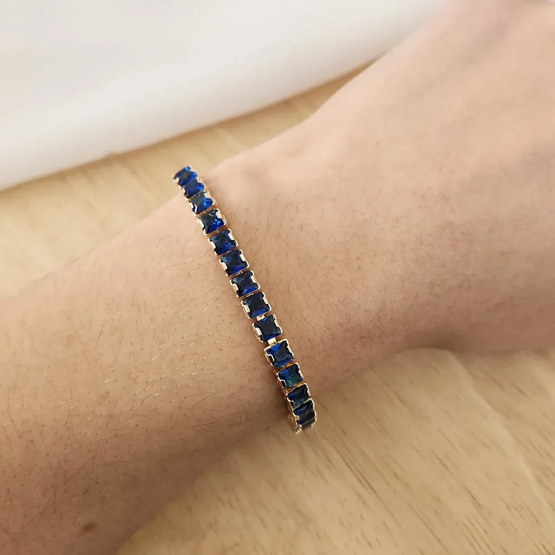 PULSEIRA DOURADA NAVETES QUADRADAS AZUL
