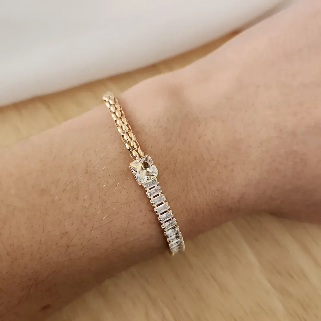 PULSEIRA DOURADA NAVETES CRISTAL E FIO