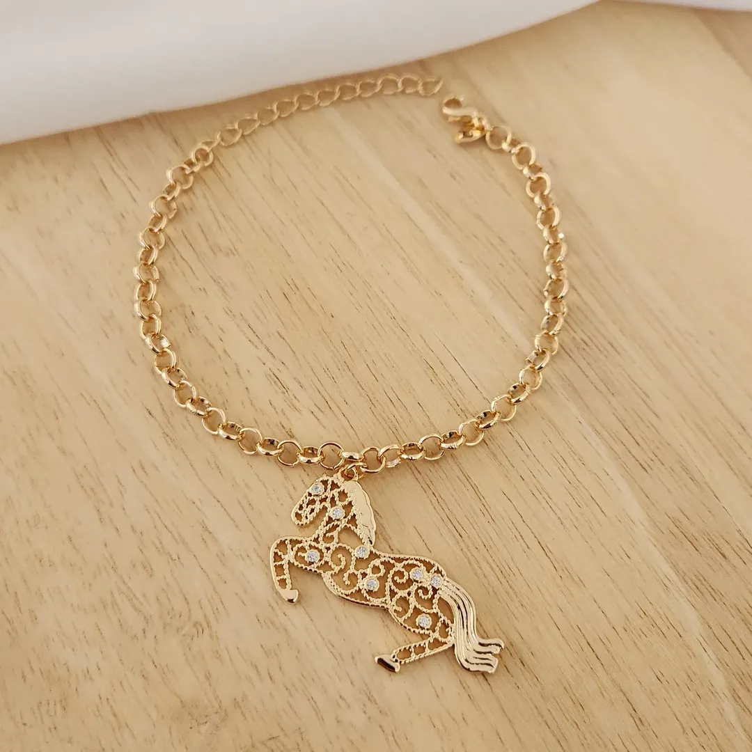 PULSEIRA DOURADA ELO PORTUGUÊS PINGENTE CAVALO