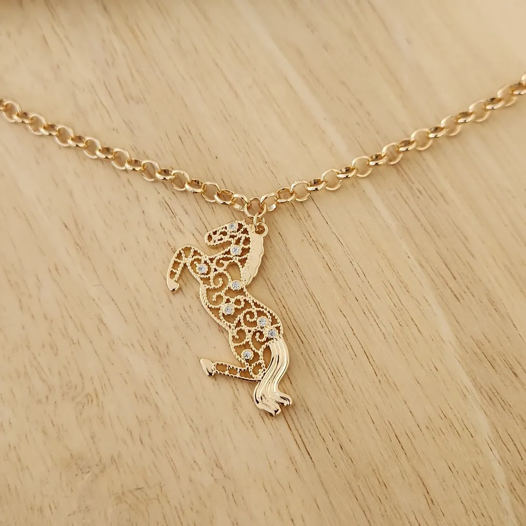 PULSEIRA DOURADA ELO PORTUGUÊS PINGENTE CAVALO