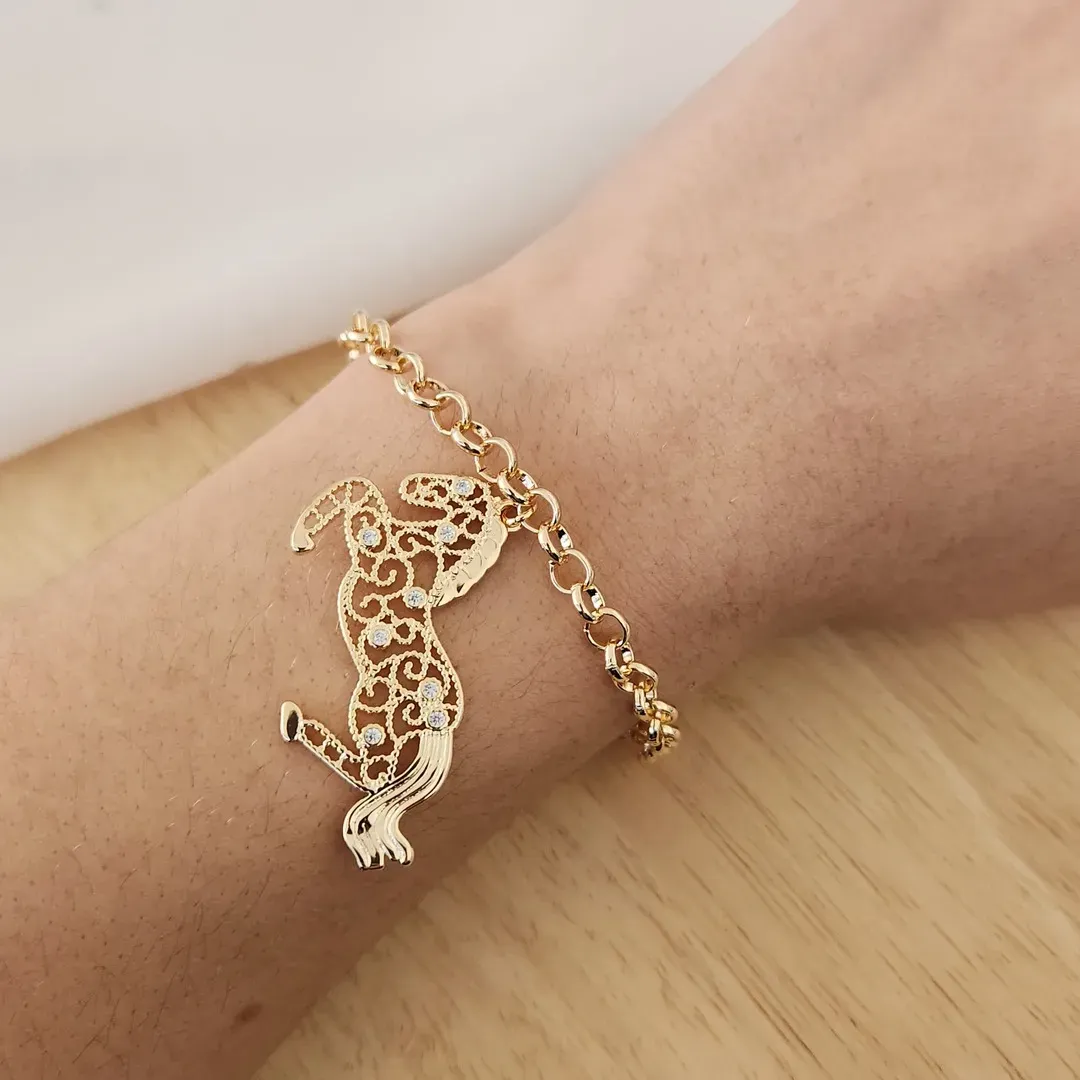 PULSEIRA DOURADA ELO PORTUGUÊS PINGENTE CAVALO