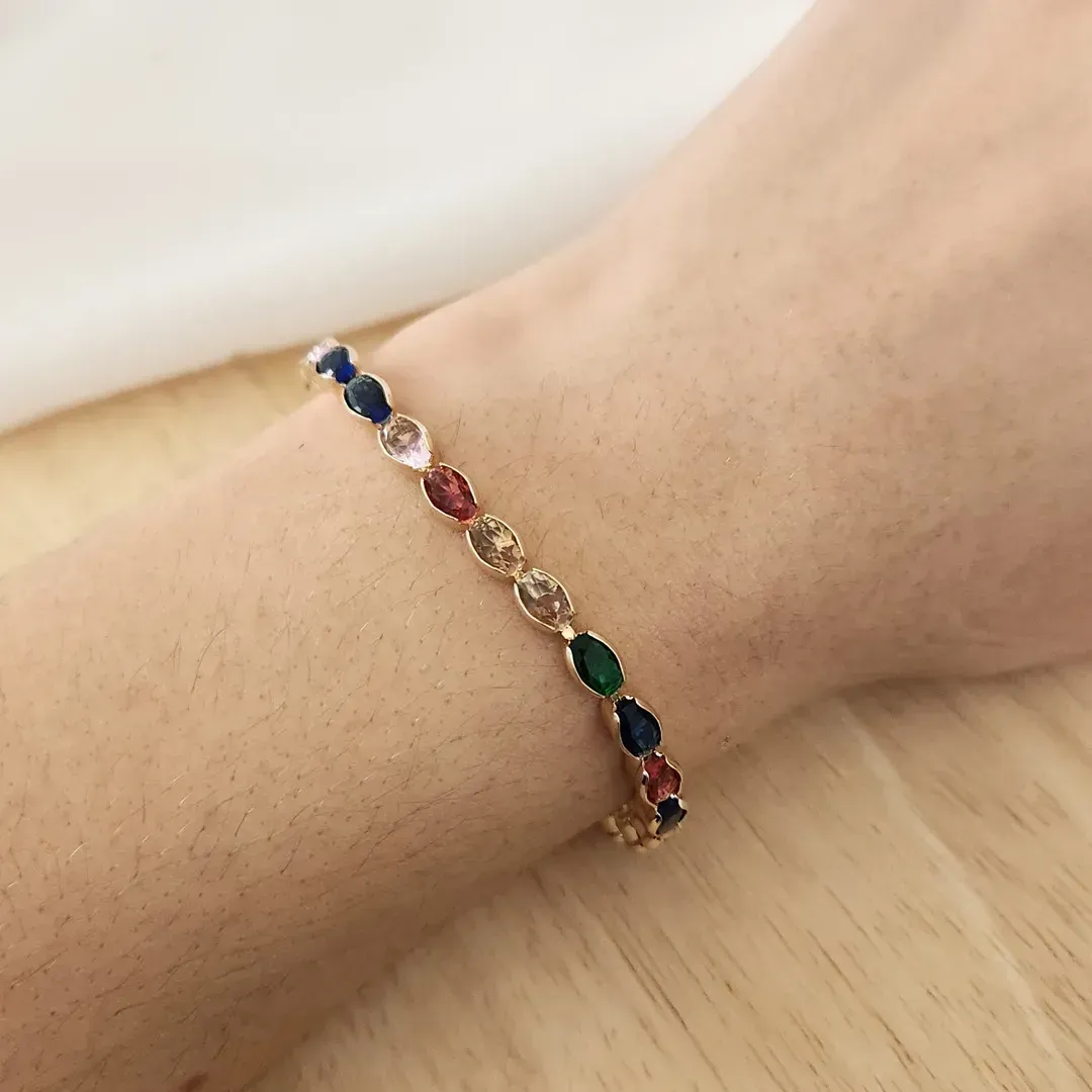 PULSEIRA DOURADA NAVETES OVAIS COLORIDAS