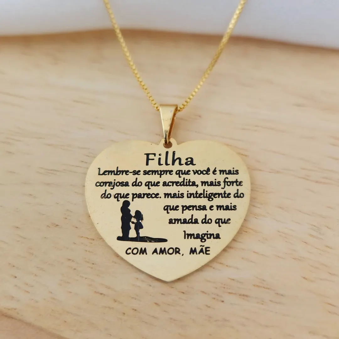 COLAR VENEZIANA COM PINGENTE DOURADO CORAÇÃO MENSAGEM DE AMOR PARA FILHA