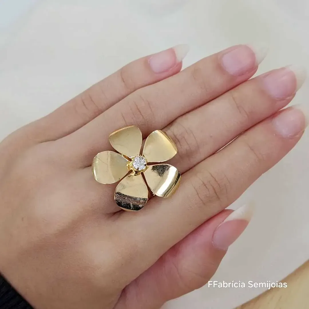 ANÉL FLOR MÓVEL COM PEDRA DE ZIRCÔNIA DOURADO